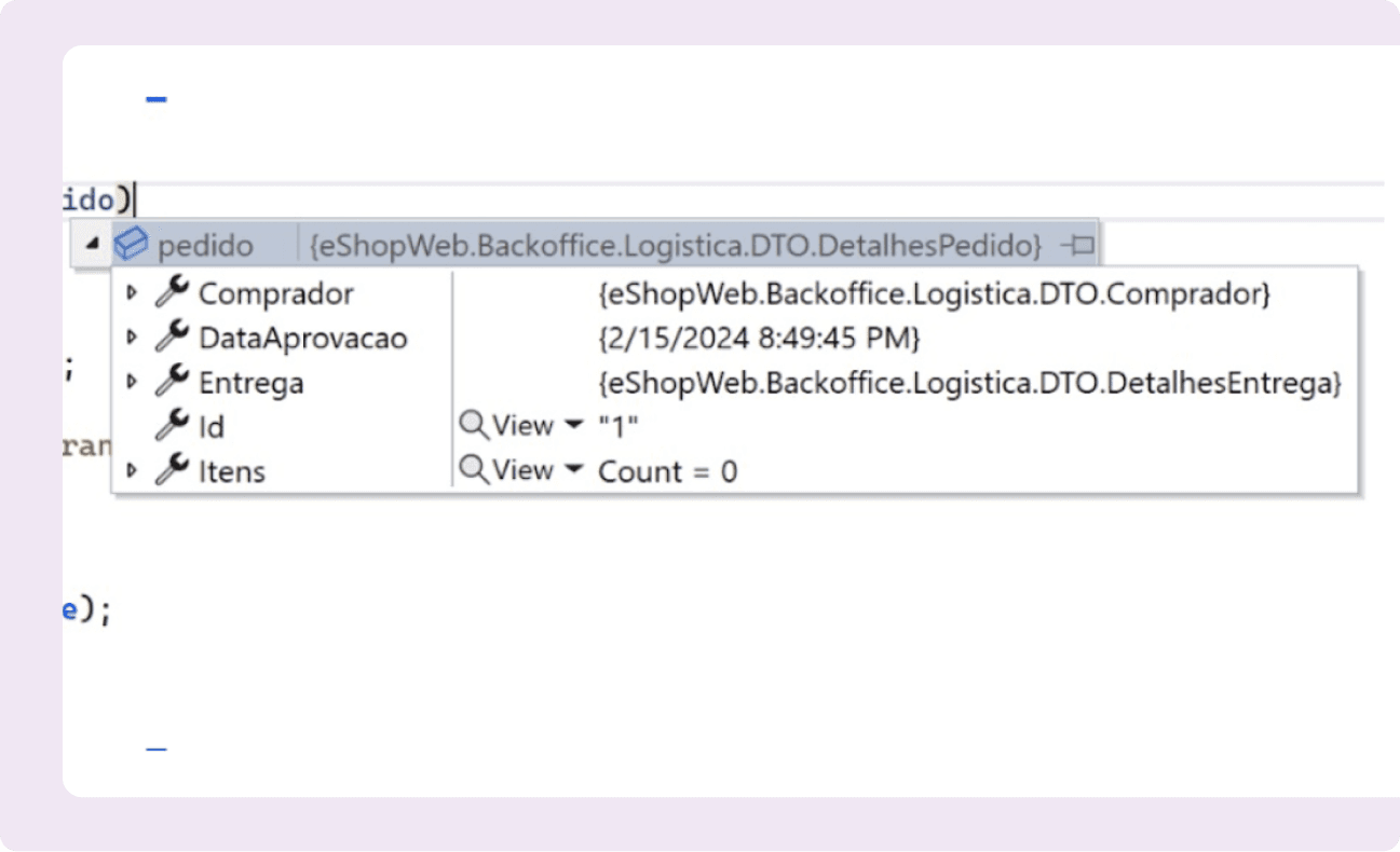 IDE do desenvolvedor reproduzindo execução real de produção, com variáveis e estado em tooltip